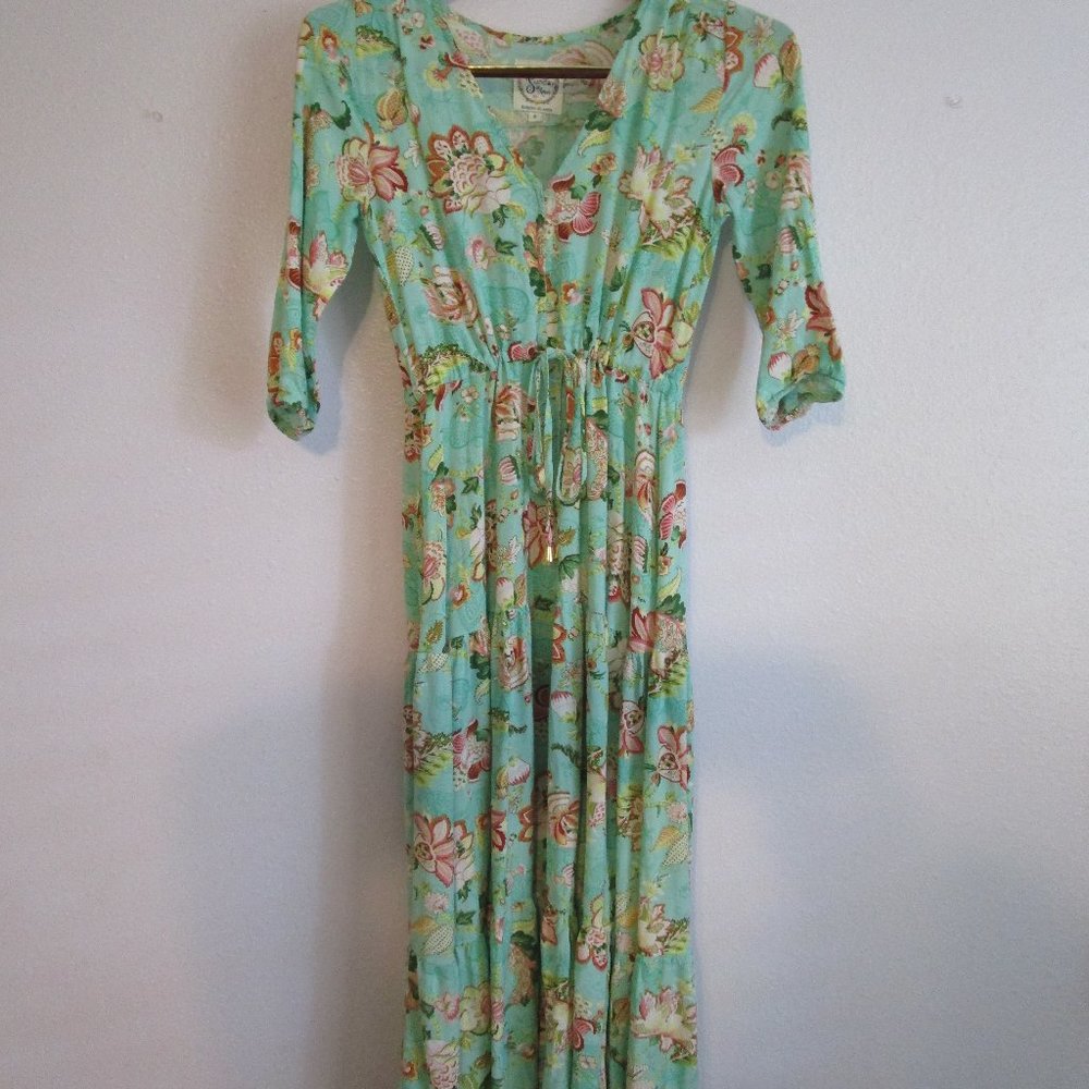 Teal Boho V-Neck Floral Maxi Dress Size S | Sunday Mi Amor |